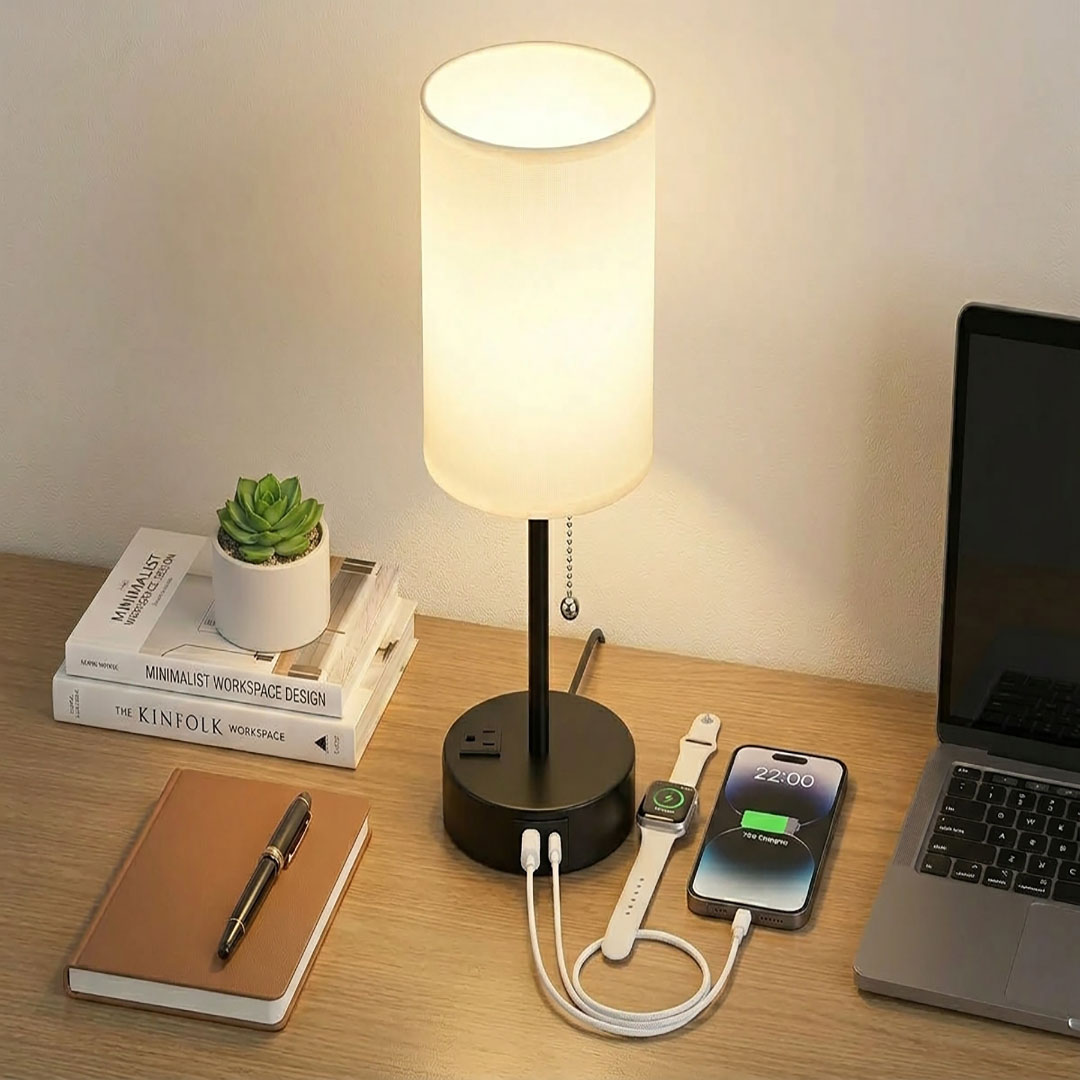 Small Bedside Table Lamp with USB-C, 3 Color Modes And Outlet